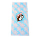 A summery beach towel featuring a pattern of soft pink and light blue palm fronds. Centered is the Buc-ee's beaver mascot wearing a pink hat within a pink circular border. Displayed on a clean white background.