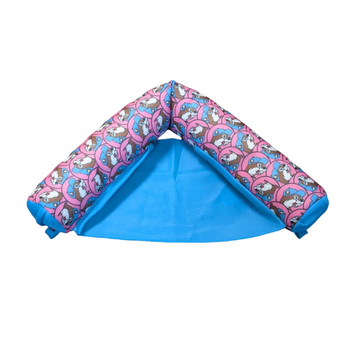 A bright pink Buc-ee's premium pool noodle sling lounge chair shown from a front angle. The float features a bean-filled horseshoe shape that creates armrests and a curved back support, with an integrated mesh sling seat covered in a repeating Buc-ee's beaver mascot pattern.
