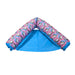 A bright pink Buc-ee's premium pool noodle sling lounge chair shown from a front angle. The float features a bean-filled horseshoe shape that creates armrests and a curved back support, with an integrated mesh sling seat covered in a repeating Buc-ee's beaver mascot pattern.