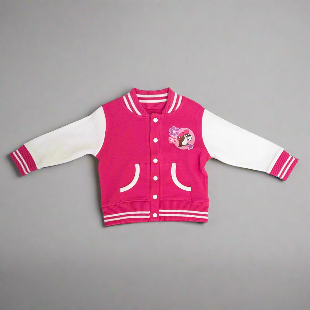 Buc-ee's Pink Varsity Jacket with Buc-ee's Logo on it with flowers by the logo. 