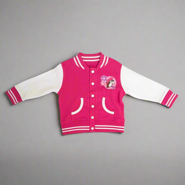 Buc-ee's Pink Varsity Jacket with Buc-ee's Logo on it with flowers by the logo. 