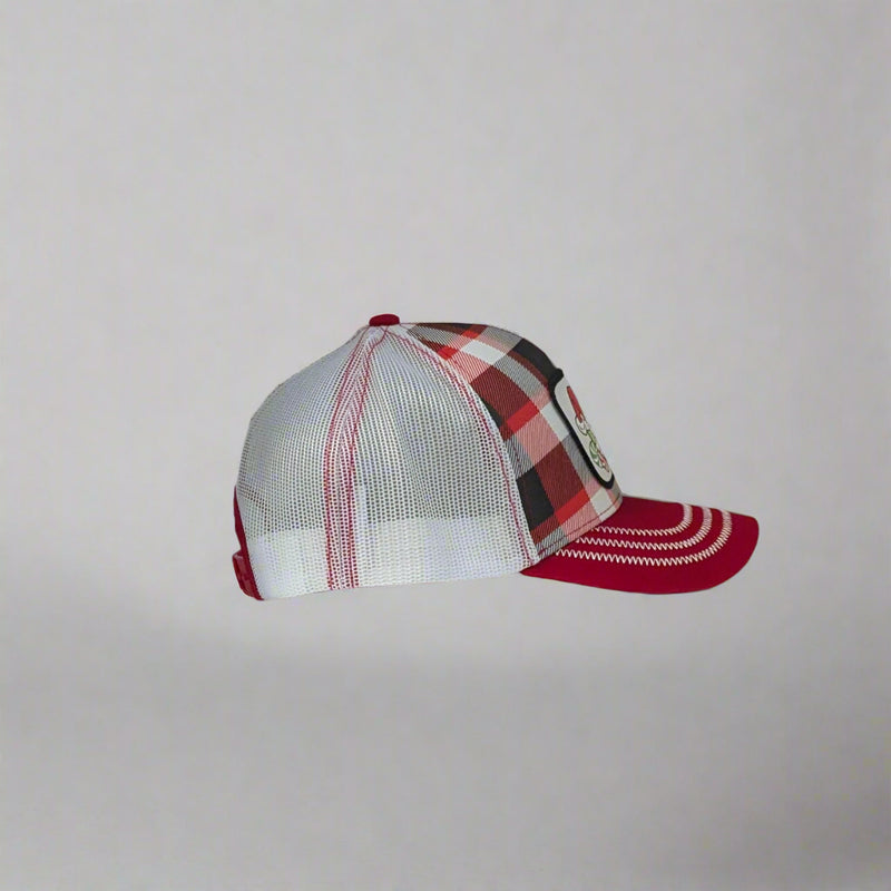 The side view shows the mesh trucker style and the red bill and white stitching. One size fits all. 