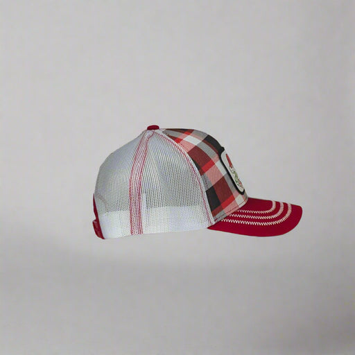 The side view shows the mesh trucker style and the red bill and white stitching. One size fits all. 
