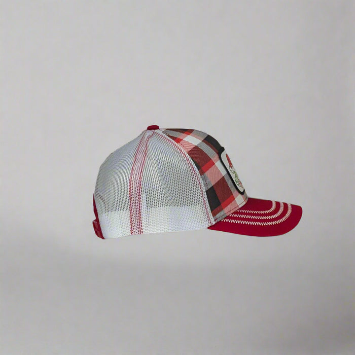 The side view shows the mesh trucker style and the red bill and white stitching. One size fits all. 
