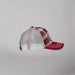 The side view shows the mesh trucker style and the red bill and white stitching. One size fits all. 