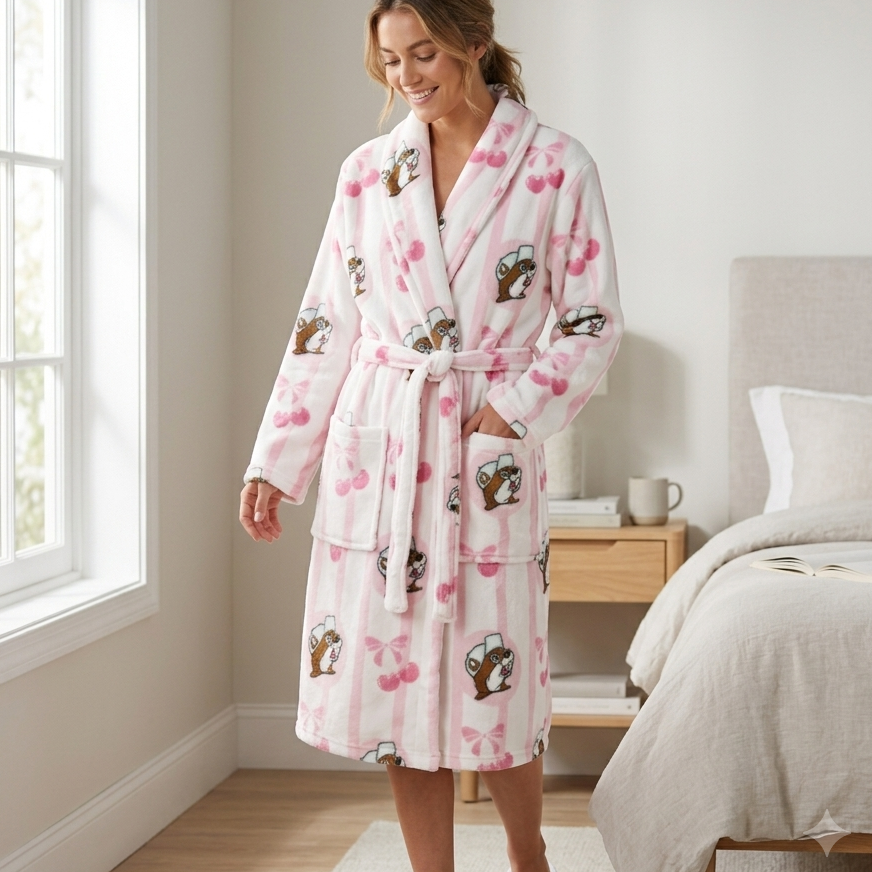A smiling woman is standing and wearing a Buc-ee's Cherry Plush Robe. A long-sleeved, plush white and pink-striped bathrobe in a brightly lit bedroom. The robe is decorated with a pattern of a Buc-ee beaver wearing a green hat and pink cherries and bows. She is wearing white slippers and is standing next to a window and a bed with a book on it.