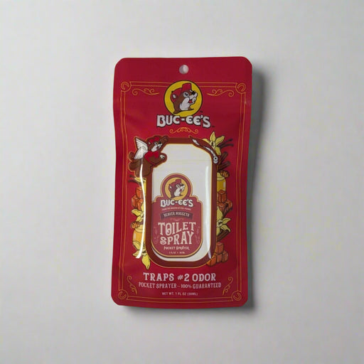 Buc-ee’s Toilet Spray Travel Packet with red packaging and Beaver Nuggets scent, designed for single-use odor elimination.

