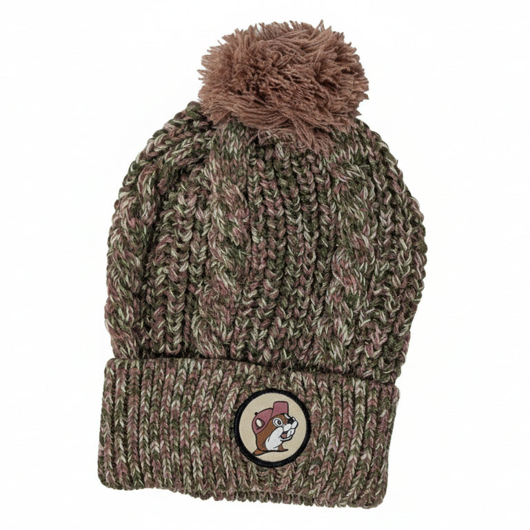 Buc-ee's Pom Beanie Multi w/Patch on a classic white backdrop.