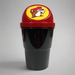 A black mini portable trash can with a red lid featuring a cartoon beaver logo.