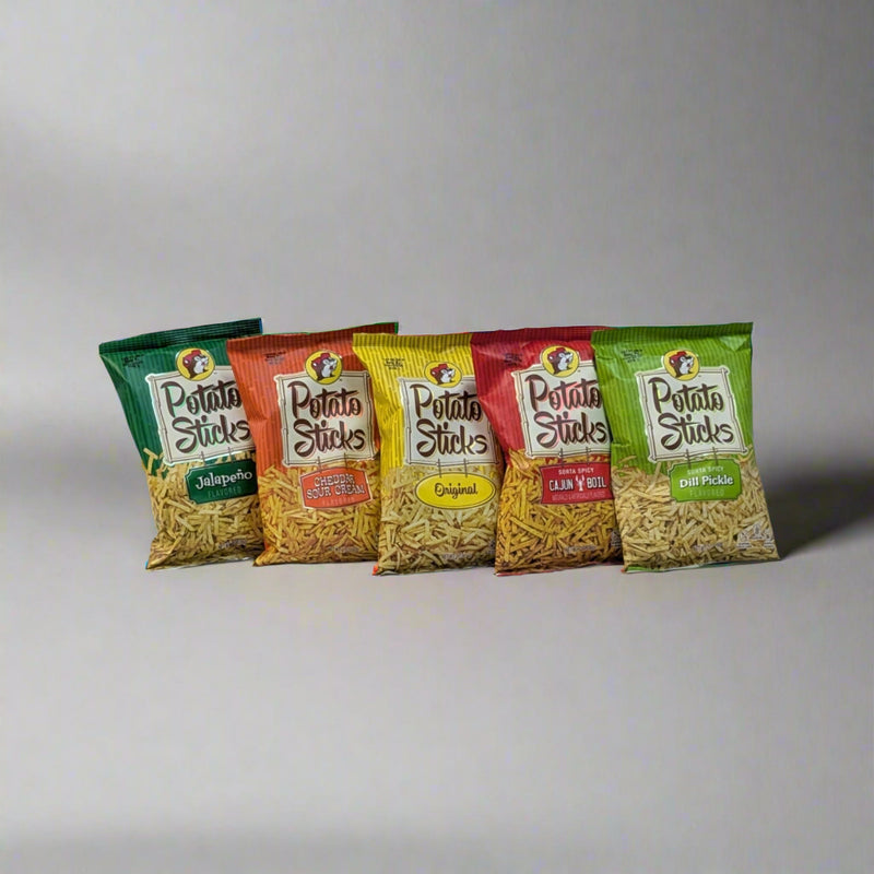 Buc-ee's Potato Sticks. 5 different flavors. Original, Jalapeno, Sour Cream Cheddar, Dill Pickle, and Cajun.