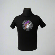 Buc-ee's "Put a Spell on Me" Halloween Shirt has a Buc-ee on the from surrounded with a spiderweb and he is wearing a purple hat. 