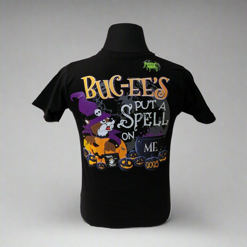 Buc-ee's "Put a Spell on Me" Halloween Shirt 2025. The back has the saying Buc-ee's "Put a Spell on Me" with a witch Buc-ee in an orange pumpkin surrounded by Jacko lanterns. 