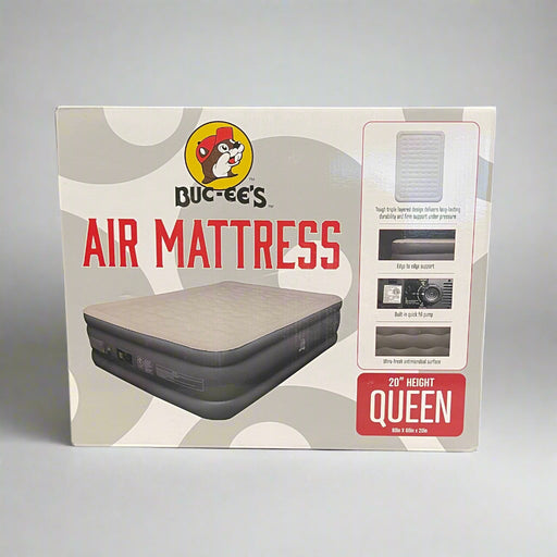 Front of Buc-ee’s Queen Air Mattress box showing features and design with logo
Back of Buc-ee’s Queen Air Mattress box displaying product specifications and pump detail