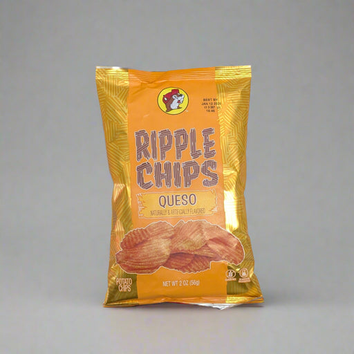 A orange bag of Buc-ee’s Queso Ripple Chips featuring ridged potato chips with bold cheesy seasoning