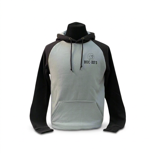 Buc-ee's raglan hoodie with light gray body and black sleeves on a mannequin