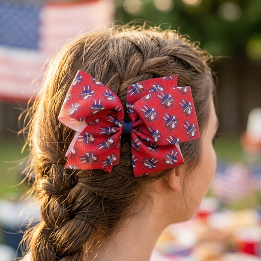 A close-up lifestyle photograph from behind of a young girl with light brown hair styled in a thick French braid. Secured at the top of the braid is a large, vibrant red Buc-ee’s 4th of July hair bow. The grosgrain ribbon features a repeating pattern of the Buc-ee's beaver mascot wearing an American flag top hat. The background is a soft-focus backyard setting with an American flag, string lights, and a festive picnic table, keeping the sharpest focus on the detail and texture of the hair bow.