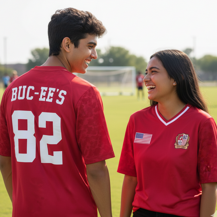 Two friends laughing together on a sunny soccer field, both wearing matching red Buc-ee’s Red Camo Soccer Jerseys. The person on the left is turned away, showcasing the white 'BUC-EE’S 82' text on the back of their jersey, while the person on the right is facing forward, showing the American flag and Buc-ee’s soccer crest on the front.