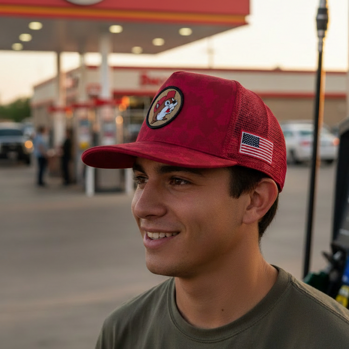A close-up, profile-view lifestyle shot of a young man smiling while standing at a gas station. He is wearing a Buc-ee's Red Camo Trucker Hat with an American flag patch on the side and a circular Buc-ee's logo patch on the front crown. The gas station background is blurred.