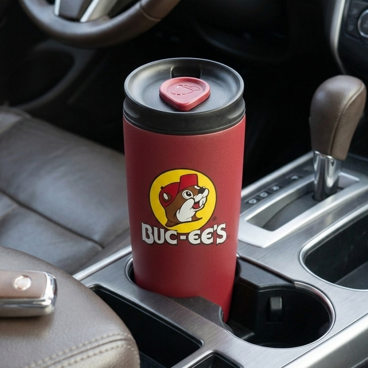 Close-up lifestyle photo of a matte red Buc-ee's stainless steel commuter tumbler featuring the classic beaver logo, sitting inside a car's center console cupholder next to the driver's seat.