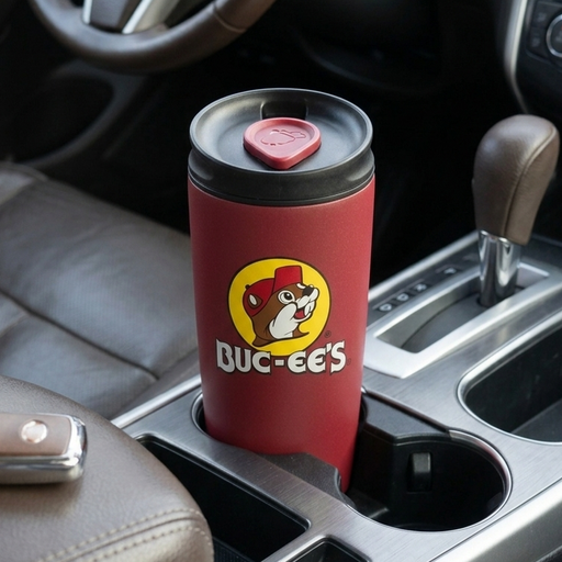 Close-up lifestyle photo of a matte red Buc-ee's stainless steel commuter tumbler featuring the classic beaver logo, sitting inside a car's center console cupholder next to the driver's seat.
