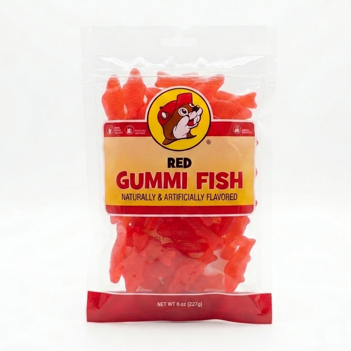 A clean product listing image featuring an 8 oz bag of Buc-ee’s Red Gummi Fish centered on a solid white background. The clear, resealable bag shows the iconic yellow Buc-ee's logo above bold black and red text reading "RED GUMMI FISH." The packaging is filled with bright red, fish-shaped gummy candies.