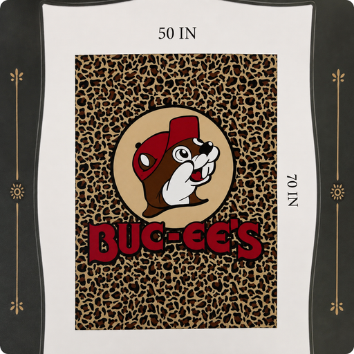 Close-up of a Buc-ee’s leopard-print blanket packaging label showing the blanket design with Buc-ee’s beaver logo and dimensions of 50 inches by 70 inches.