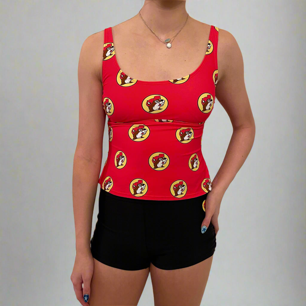 Buc-ee's Red Logo Tankini Top with logo all over it. 