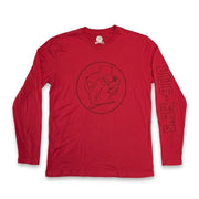 A top-down view of a plain red Buc-ee's long-sleeve crewneck shirt lying flat on a white background. The shirt features a dark red circular Buc-ee's beaver logo printed on the chest and dark red "BUC-EE'S" text along the left sleeve.
