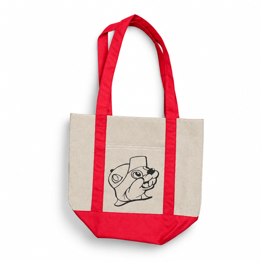 Canvas Buc-ee's mini tote with red handles and Buc-ee the Beaver line drawing