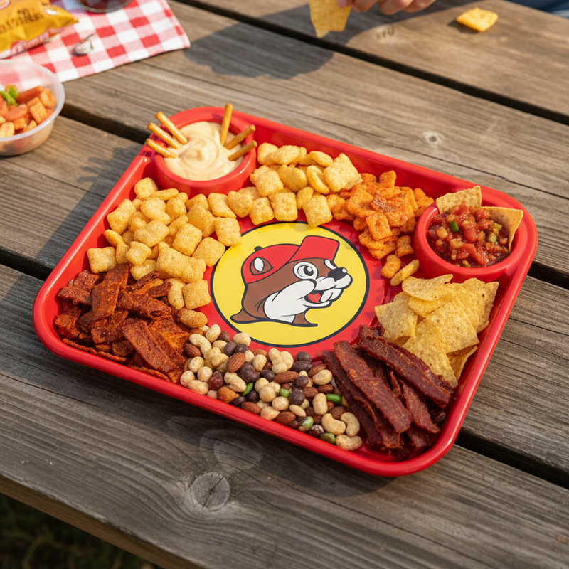 A vibrant lifestyle photo of the Buc-ee’s Red Party Platter in use at an outdoor picnic on a wooden table. The platter is filled with a variety of snacks, including Beaver Nuggets, beef jerky, trail mix, and tortilla chips. One circular well contains a creamy dip with pretzel sticks, while the other holds chunky salsa. In the background, a person’s hand is seen reaching for a chip, next to a bottle of glass-bottled soda and a red-and-white checkered napkin, creating a fun, festive atmosphere.