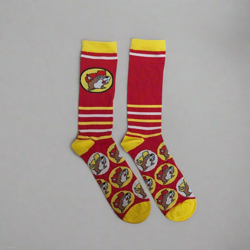 Buc-ee's Red Striped Logo Socks. Red and yellow.