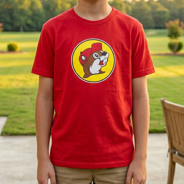 Young boy wearing a red t-shirt with a logo, standing on a patio with a grassy area and trees in the background.