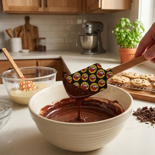 A hand holding a Buc-ee's Spatula featuring a wooden-handled spatula with a black silicone head covered in a yellow beaver logo pattern, lifting melted chocolate batter from a large white ceramic bowl. In the background of the bright kitchen, a second red spatula with a yellow logo-print head sits inside another mixing bowl.