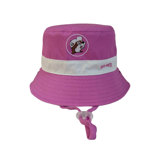 Pink Buc-ee's infant bucket hat with white band and chin strap, pink side out