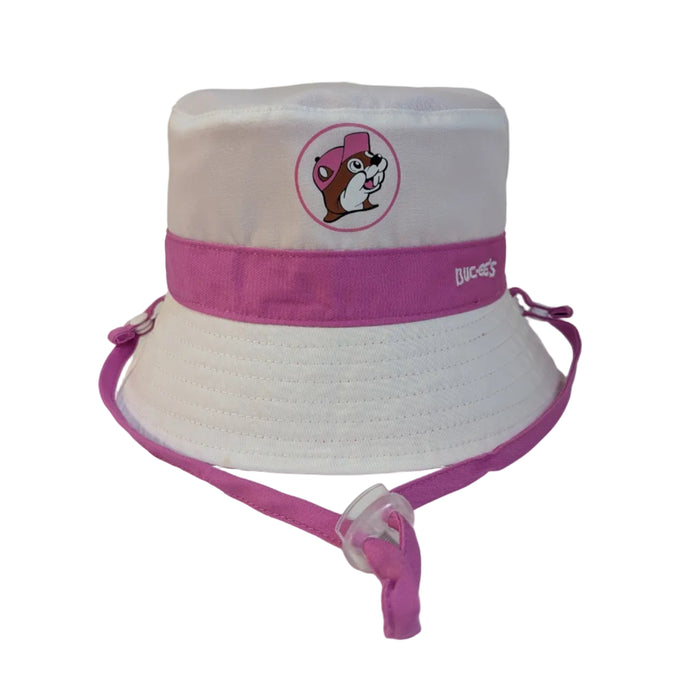 The reverse side of the pink bucket hat, showing a crisp white crown and brim with a pink contrast band. The Buc-ee’s beaver logo on the crown shows the beaver wearing a pink hat, and "BUC-EE'S" is embroidered in white on the pink band. The pink chin strap is visible at the bottom.
