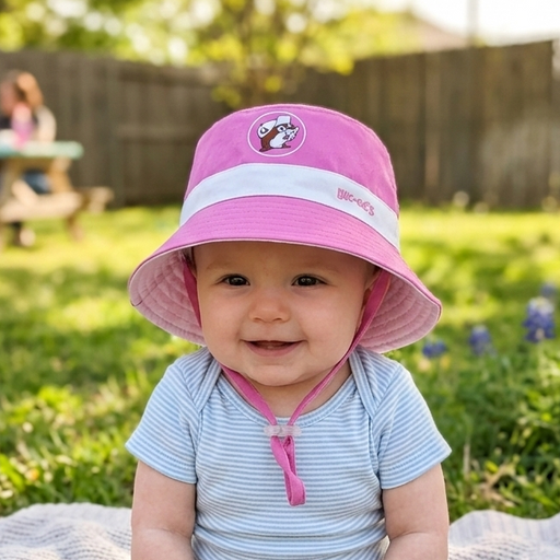 A bright, outdoor lifestyle photograph of a smiling infant sitting on a white knit blanket in a grassy yard. The baby is wearing a light blue and white striped onesie and the Buc-ee’s Pink Reversible Infant Bucket Hat, which features a white accent band and a pink chin strap. The center of the crown displays a circular Buc-ee’s logo with the beaver wearing a white hat, and the word "BUC-EE'S" is embroidered in pink on the white band.
