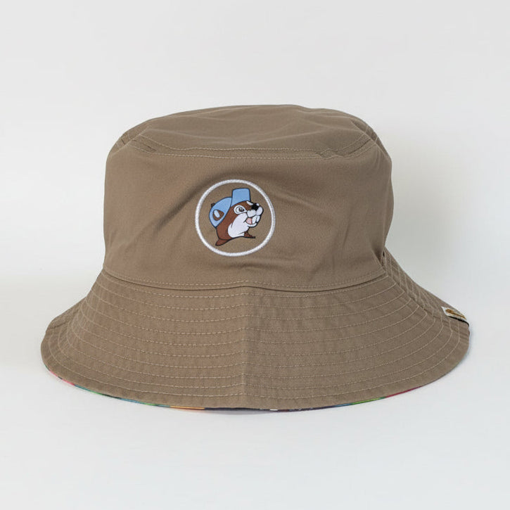 Buc-ee's Reversible Twill Bucket Hat - Khaki on a classic white background.