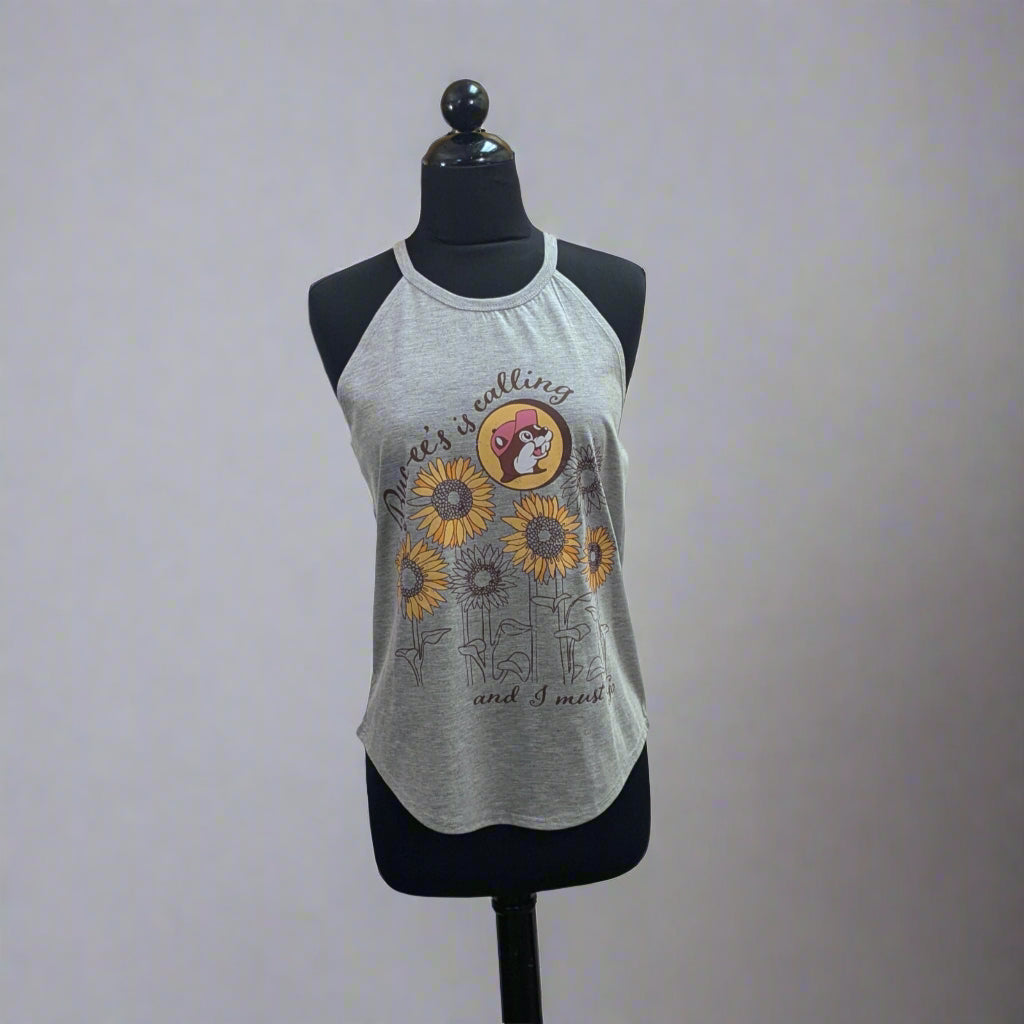 Buc-ee's Rocker Gray Tank with yellow flowers and the beaver on the front.