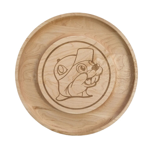 Top-down view of a Buc-ee's Round Cheese Board, a round maple wood cheese board featuring a laser-etched Buc-ee's logo in the center. Displayed on a clean white background.