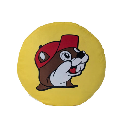 A circular, yellow plush pillow featuring the red and black Buc-ee's beaver logo in the center, measuring 16 inches in diameter. Displayed on a clean white background