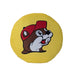 A circular, yellow plush pillow featuring the red and black Buc-ee's beaver logo in the center, measuring 16 inches in diameter. Displayed on a clean white background