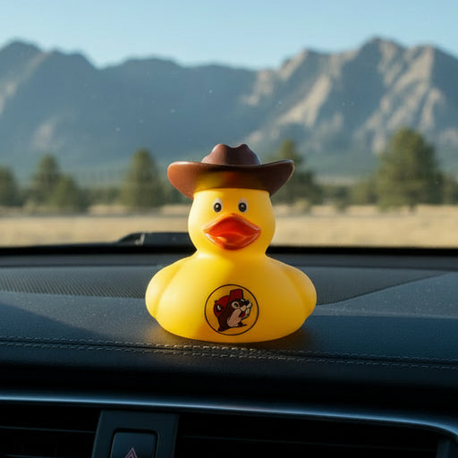A yellow rubber duck wearing a miniature brown cowboy hat and featuring the red and black Buc-ee’s beaver logo on its chest, sitting on a car dashboard with a view of the mountains and trees in the background.