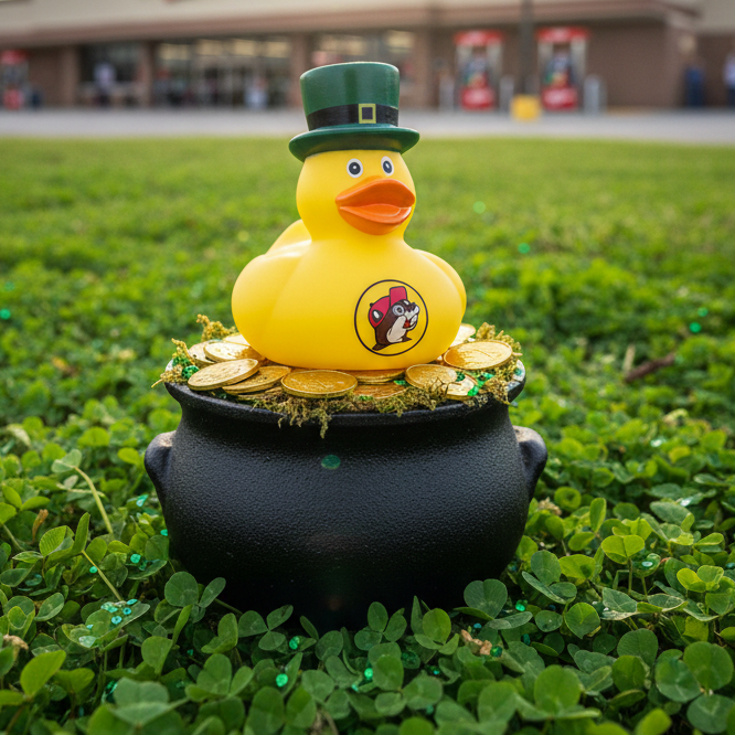 A yellow Buc-ee’s rubber duck wearing a green leprechaun top hat, perched atop a small black "pot of gold" filled with gold coins. The pot sits in a lush field of green clover. In the background, a blurred convenience store is visible under a dramatic sky with a bright rainbow arching over the building.
