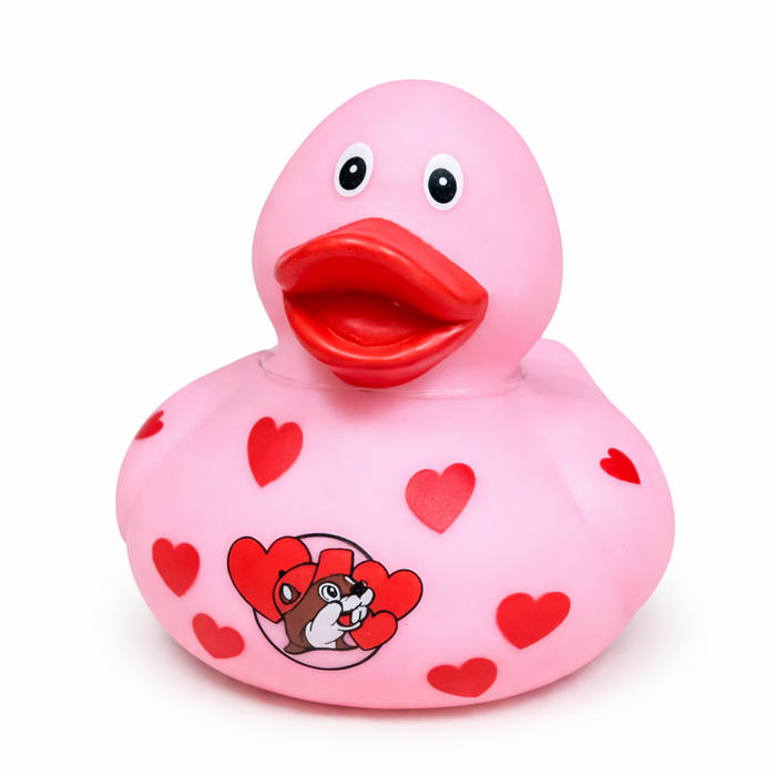 Pink Rubber Duck with a Buc-ee's logo on the front with hearts all over it.