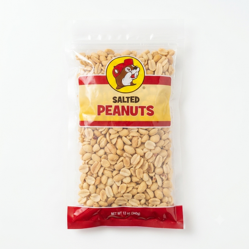 A 12 oz clear, resealable zip-top bag filled with Buc-ee's Salted Peanuts, showcasing a yellow and red label with the iconic beaver mascot logo in the center, displayed on a white background.