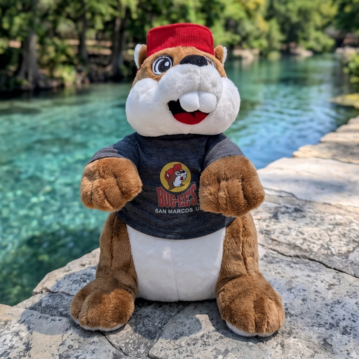 A plush beaver toy wearing a red cap and a dark gray San Marcos College t-shirt, sitting on a stone ledge with a turquoise river and green trees in the background.