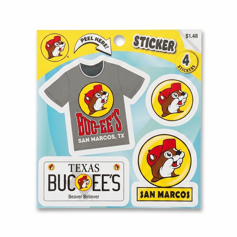 A package of four Buckee's San Marcos, Texas themed stickers, including a die-cut t-shirt sticker, a license plate sticker, and two circular stickers, on a light blue and yellow backing card.