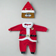 Front lay of Buc-ee's Santa Union Suit with hood turned to show the cartoon face of Buc-ee in a Santa hat.