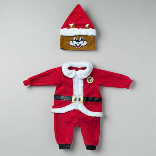 Front lay of Buc-ee's Santa Union Suit with hood turned to show the cartoon face of Buc-ee in a Santa hat.