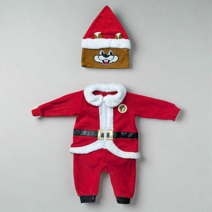 Front lay of Buc-ee's Santa Union Suit with hood turned to show the cartoon face of Buc-ee in a Santa hat.